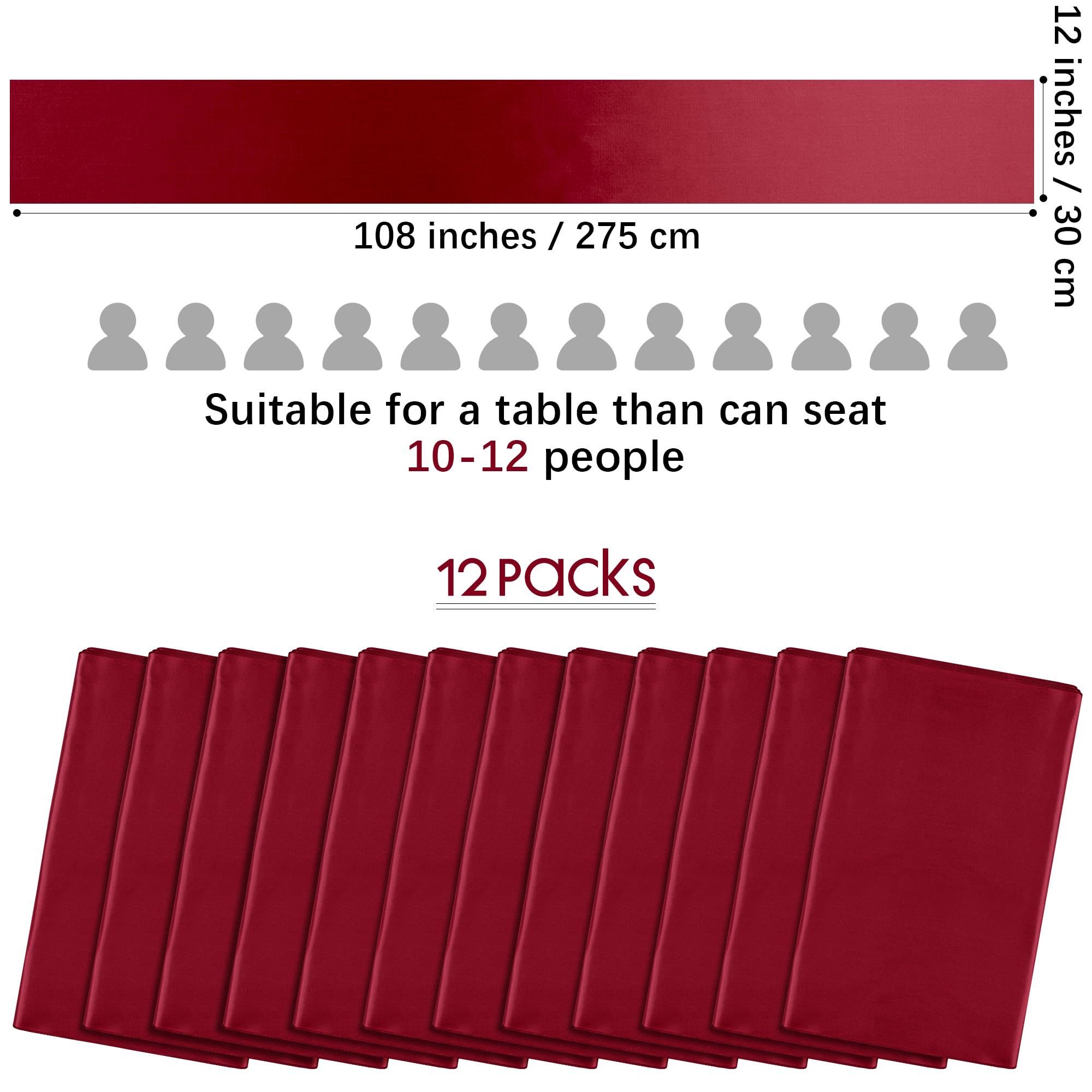Aneco 12 Pack Satin Table Runner 12 X 108 Inch Burgundy Long Wedding Satin Silk Table Runner For Wedding Banquet Graduations Bir